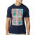 A man wearing a navy blue crewneck t-shirt featuring a graphic print of four colorful, symmetrical mandala-like skull designs arranged in a 2x2 grid on the chest.