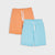 Two pairs of kids' sweat shorts in orange and light blue, featuring white drawstrings, displayed on a light gray background.