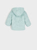 Light blue quilted jacket with a hood on a white background