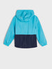 Two-tone blue jacket with a hood on a light gray background