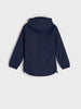 Navy blue jacket with a hood on a light gray background