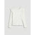 A white long-sleeve ribbed knit top with ruffled shoulder details, displayed flat against a light gray background.