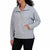 Woman wearing a gray half-zip sweater on a white background