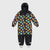 A hooded one-piece jumpsuit with a black base and an all-over colorful retro character print, shown flat against a light gray background.