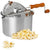A vintage-style metal popcorn maker with a wooden handle, shown with a pile of popped popcorn in front on a white background.