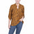 A woman wearing a brown and black wavy patterned blouse with three-quarter sleeves and blue jeans, shown against a plain white background.