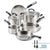 Set of stainless steel cookware with black handles on a white background, including two Prestige kitchen tools.