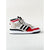 Adidas sneaker with red, white, and black design on a light gray background
