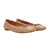 Pair of beige ballet flats with a bow on a white background