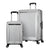 Two silver suitcases with black handles and wheels on a white background