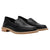 A pair of black leather slip-on loafers with a low stacked wooden heel and a light tan welt, shown on a plain white background.
