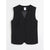 A black sleeveless vest with a V-neck and front buttons, laid flat against a light gray background.