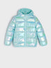Iridescent puffer jacket on a light gray background