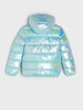 Iridescent puffer jacket on a light gray background