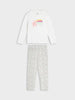 Children's pajama set with white top and gray pants on a light gray background