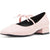 A light pink Mary Jane flat shoe with a low block heel, featuring a pointed toe and a matching pink ribbon bow on the instep, set against a plain white background.