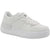 A white low-top platform sneaker with matching white laces and a thick white sole, shown from a side profile view against a plain white background.