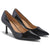 A pair of black patent leather pointed-toe pumps with mid-height stiletto heels, displayed on a clean white background.