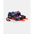A pair of Skechers kids' sandals in black, blue, red, and white, featuring hook-and-loop straps with colorful polka dots and a white sole.