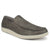 A single gray suede slip-on loafer with contrast stitching and a thick cream-colored sole, shown from a three-quarters angle on a white background.