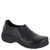 A single black slip-on work shoe with an embossed floral pattern on the upper and a thick black sole, shown against a plain white background.