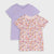 Two short-sleeve children's T-shirts on a light gray background: one solid light purple/lavender shirt and one white shirt with a dense small floral print in pink, orange, purple, and yellow. No visible brand marks.