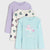 Three children's long-sleeve shirts in different colors with various designs on a light gray background.