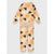 A two-piece children's pajama set featuring a long-sleeve sweatshirt and matching pants in a warm beige color, decorated with a playful pattern of orange pumpkins, black bats, and light brown teddy bears on a white background.