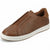 A brown leather slip-on sneaker with a textured grain finish, featuring a thick white midsole and a brown outsole, shown from a three-quarters angle on a white background.