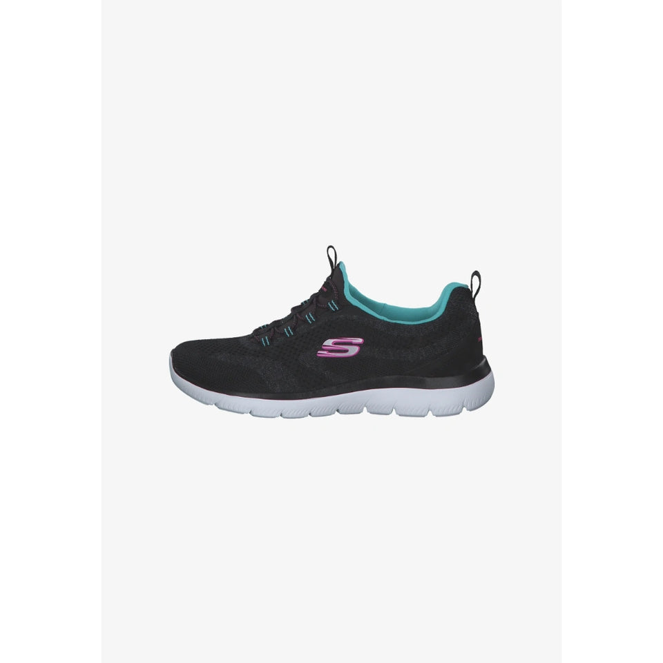 A black Skechers running shoe with a teal collar lining, pink Skechers logo on the side, and a white sole, shown against a light gray background.