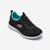 A black Skechers running shoe with a teal collar lining, pink Skechers logo on the side, and a white sole, shown against a light gray background.
