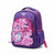A purple and pink patterned school lunch bag with two front compartments, one featuring hearts and the other a lollipop design, placed on a beige tiled floor.