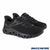 Black running shoes with unique sole design on a white background