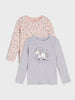 Two children's long-sleeve shirts, one pink with floral pattern and one gray with unicorn design, on a light gray background.