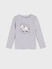 Gray long-sleeve shirt with unicorn graphic on a white background