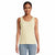A woman modeling a pale cream-colored sleeveless knit tank top with a subtle textured pattern, paired with light blue jeans, against a plain white background.