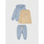 A three-piece children's clothing set featuring a light blue hooded sweatshirt with a white animal print, a beige long-sleeve shirt with a cartoon dog graphic, and matching light blue jogger pants with a white animal print and beige drawstrings, displayed on a light gray background.