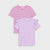 Two children's short-sleeve tops from ALOHA on a light gray background. The back top is pink, purple, and blue horizontally striped with ruffle trim.