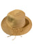 Brown straw hat with a bow on a white surface next to a laptop.