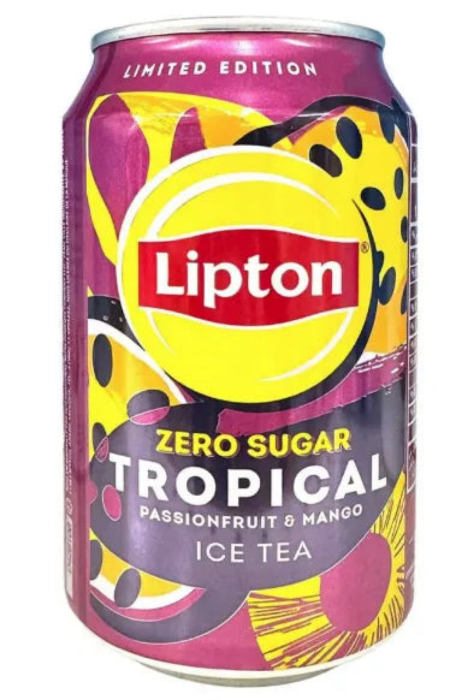 A can of Lipton Zero Sugar Tropical Ice Tea with Passionfruit & Mango flavor.