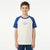 A young boy wearing a raglan-style t-shirt with a cream body and blue sleeves, featuring 'LONDON England' printed on the chest, set against a plain white background.