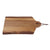 A rectangular wooden serving board with a live edge and a hanging loop made of dark wood and a small leather tie, shown on a plain white background.