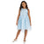 A young girl modeling a sleeveless light blue dress with a textured bodice and a layered tulle skirt decorated with white butterfly appliqués, paired with white Mary Jane shoes, on a solid white background.