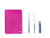 A pink Or Bleu cosmetology travel set with nail tools including a nail file, nail clipper, and cuticle scissor.
