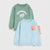 Two children's long-sleeve sweatshirts shown on a light gray background: one sage green sweatshirt with a white 'ROARSOME' dinosaur graphic, and one light blue sweatshirt with an orange dinosaur patch and orange tail details.