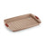 A rectangular non-stick baking pan in a warm beige/taupe color, featuring a perforated drain grid on the bottom half and two small red silicone handles on the sides, shown on a white background.