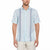 A man wearing a light blue short-sleeve guayabera-style shirt with vertical stripes in blue, pink, and white, paired with beige pants, against a plain white background.