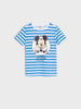 Blue and white striped t-shirt with Mickey Mouse graphic on a light gray background
