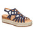Navy sandal with wooden sole on a white background
