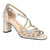 Silver strappy sandal with block heel on a white background